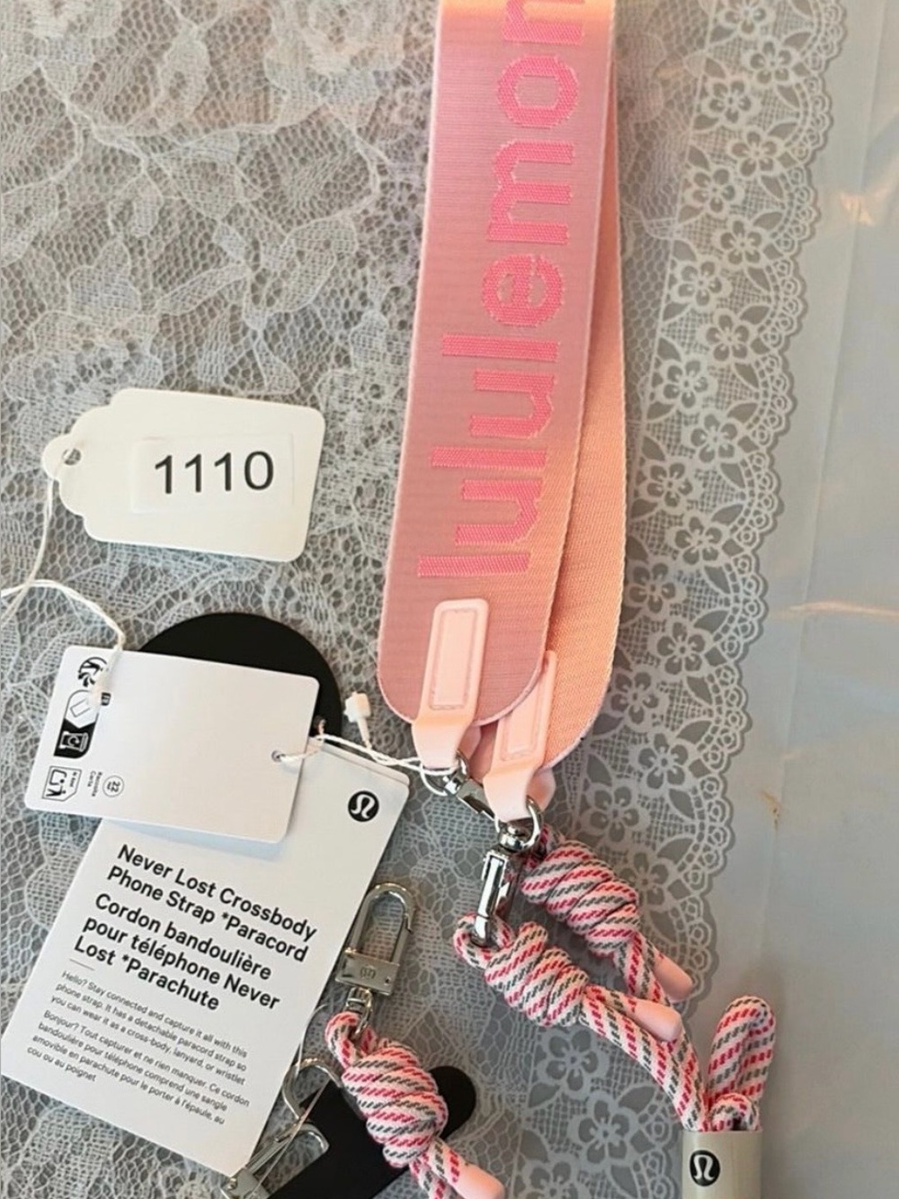 1110, NWT Authentic Lululemon Never Lost Crossbody Phone Strap Paracord Pink Adj